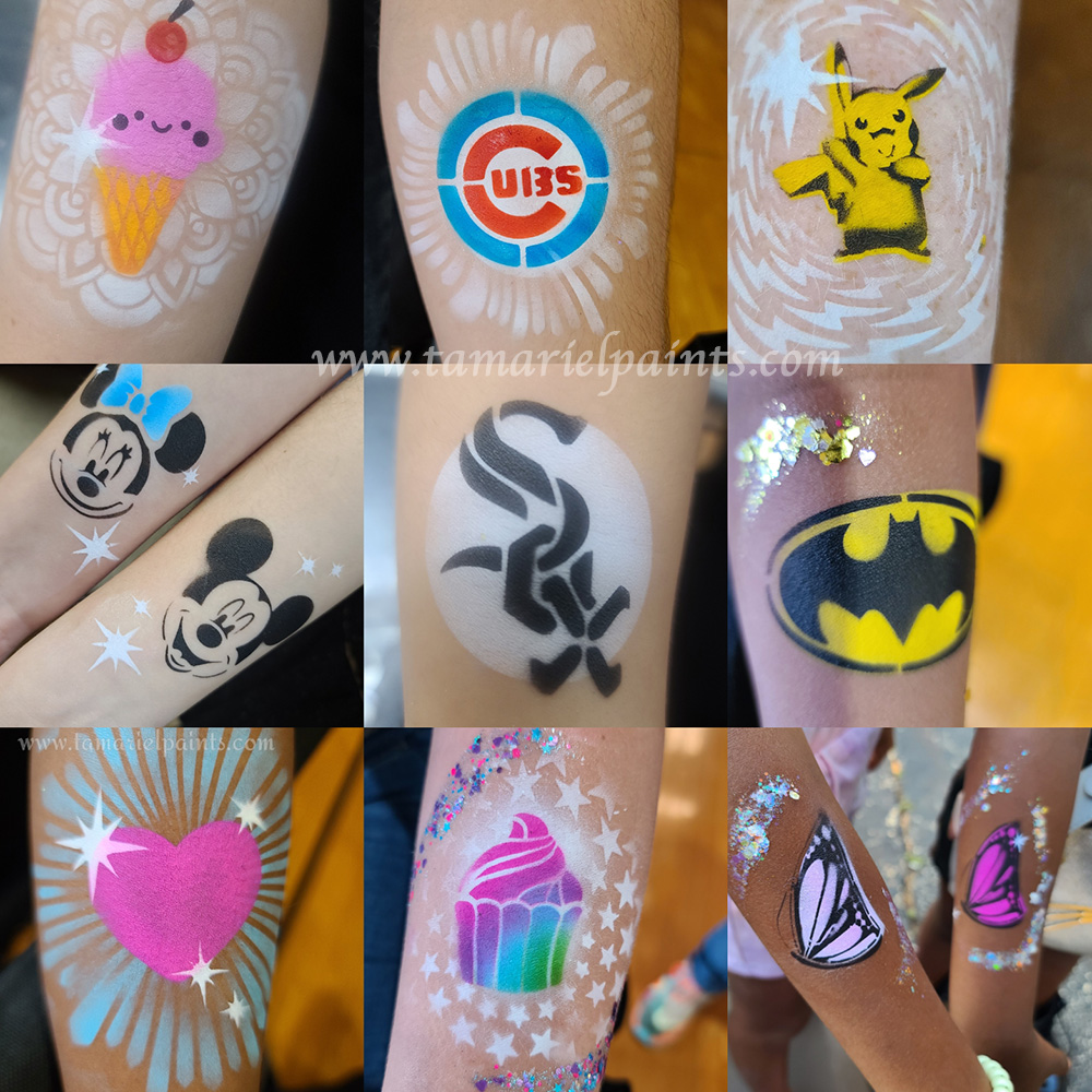 A collage image of photos of various airbruch tattoo examples featuring logos, characters and designs