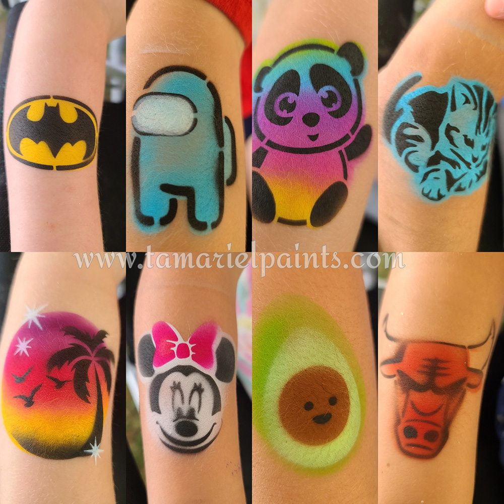 A collage of images of airbrush tattoo examples of various characters, animals, and designs