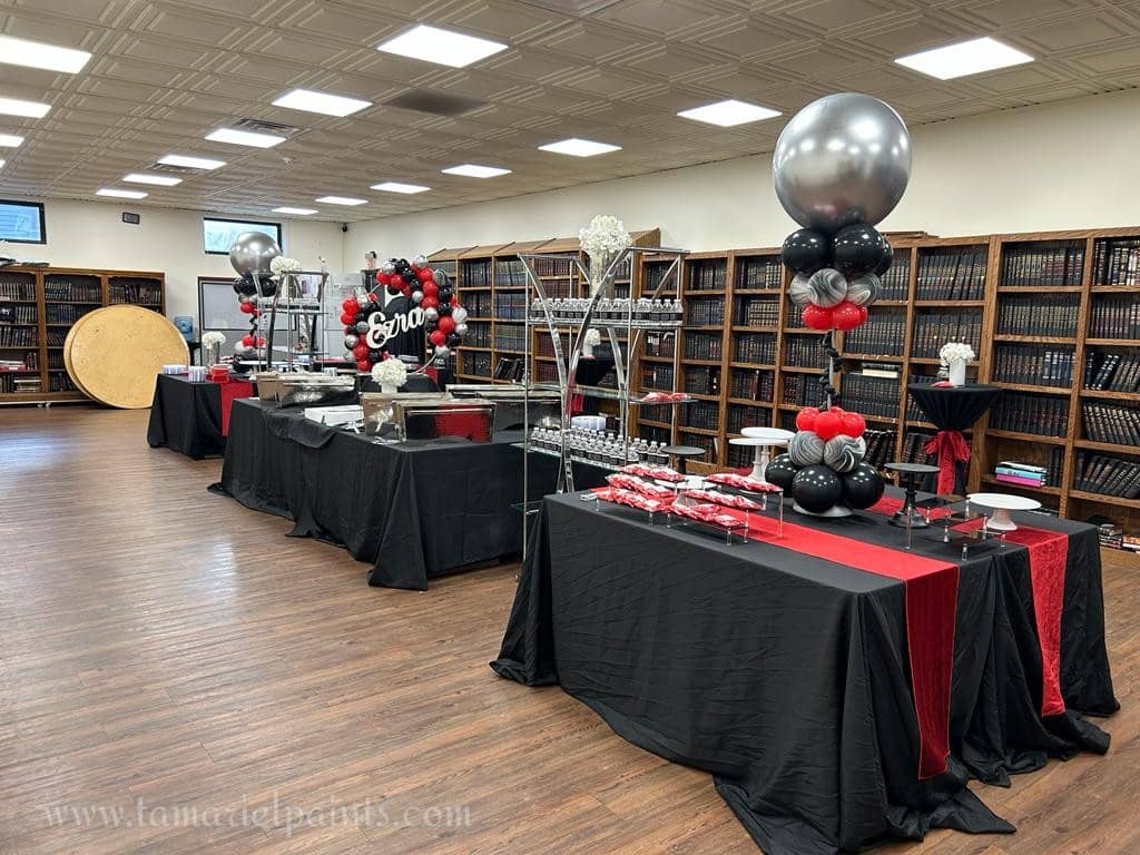 Tables with colorful balloon decorations