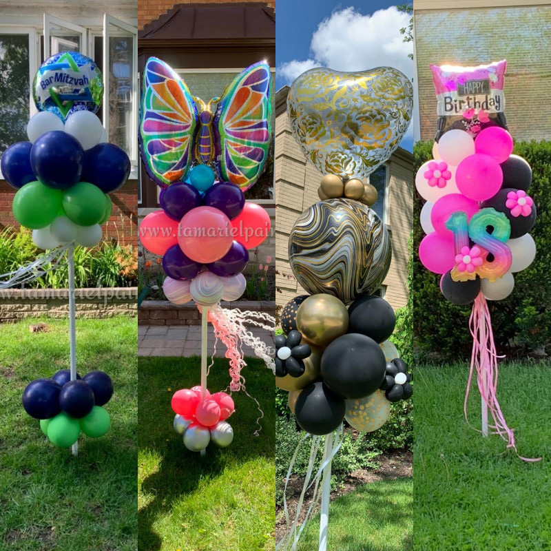 A photo showing 4 different creative and colorful, standing balloon displays