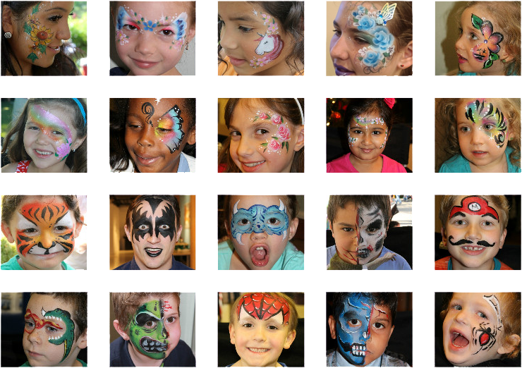 A collage of photos showing a variety of face painting examples on children, teens and adults