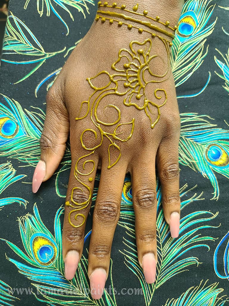 A hand with an intricate floral henna tattoo pattern