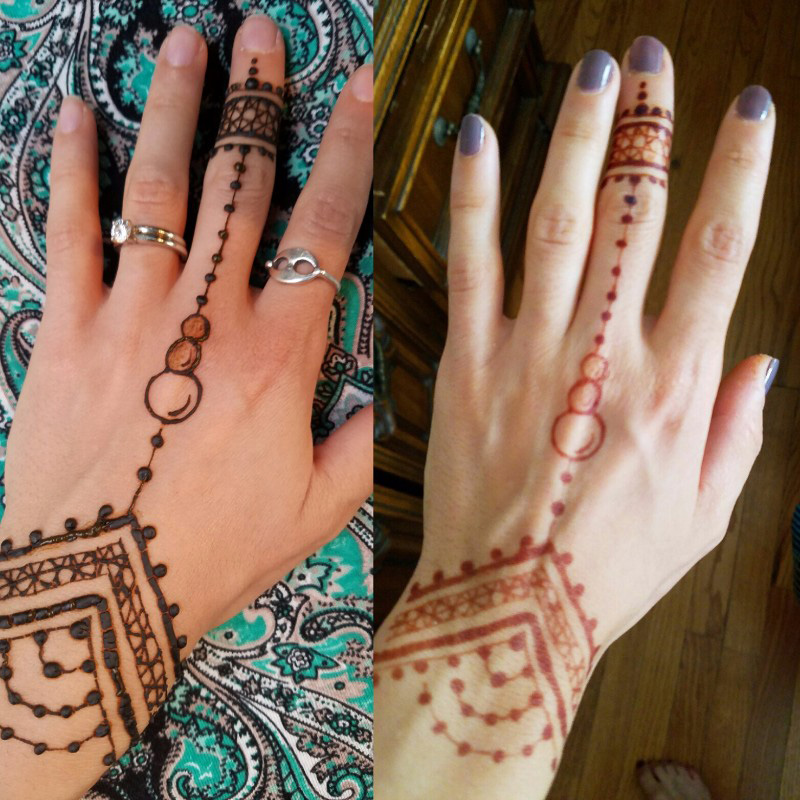 A hand with an intricate floral henna tattoo pattern