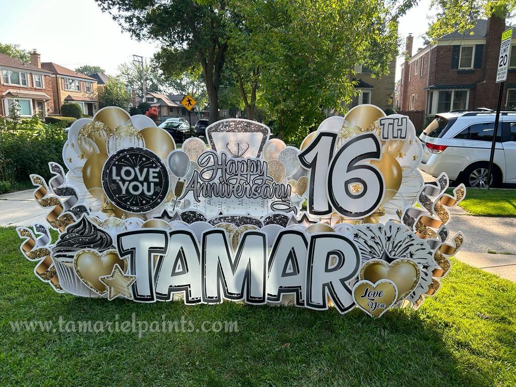 A photo of a custom made yard sign which reads Happy Anniversary, Love you, Tamar